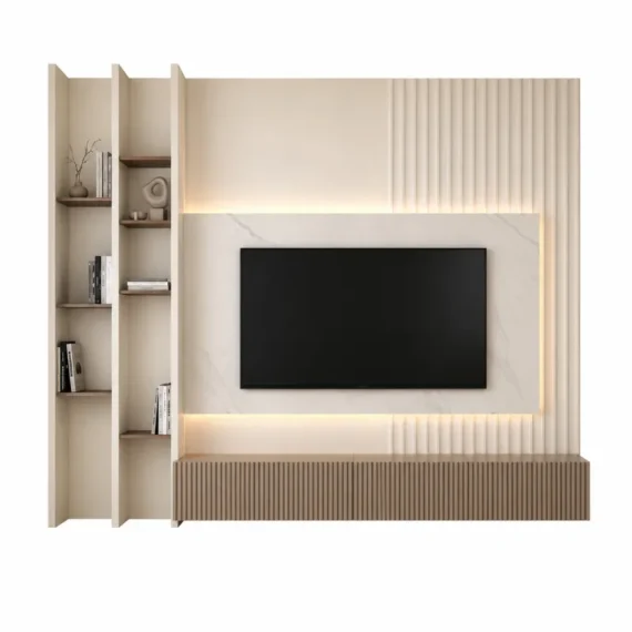 Minimalist Marble with Floating Console & Fluted Panels TV Wall TVW-62481