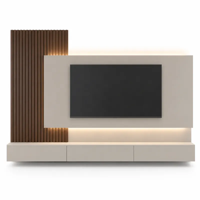 Modern Floating TV Wall Unit with Wood Slat Panels & LED Lighting TVW-004