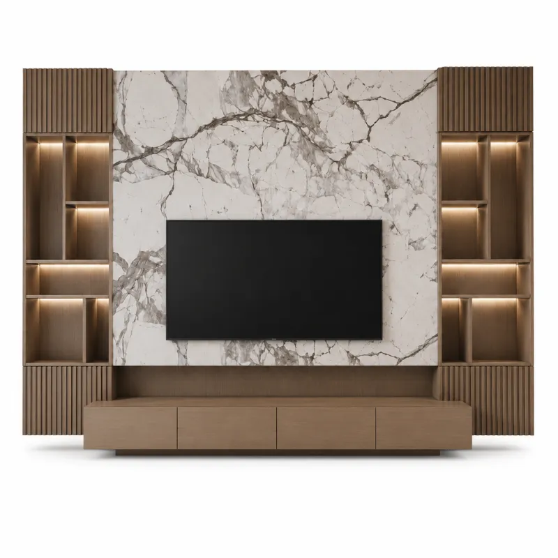 Modern Marble TV Wall Unit with Illuminated Display Shelving TVW-002
