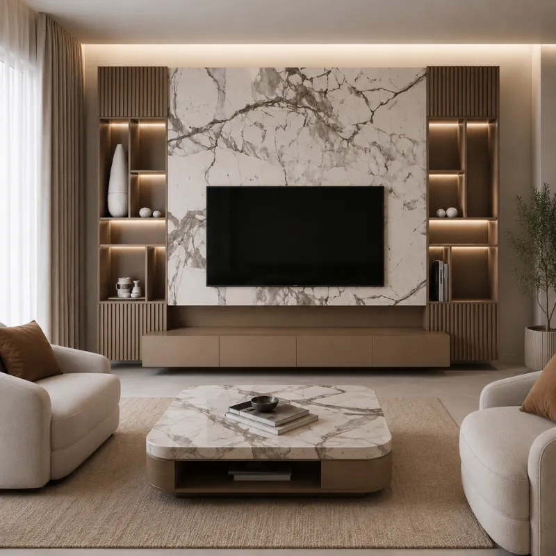 Modern Marble TV Wall Unit with Illuminated Display Shelving TVW-002