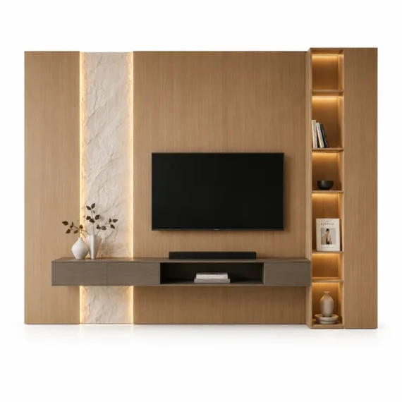 Modern Wood TV Wall Unit with Decorative Stone Feature TVW-001