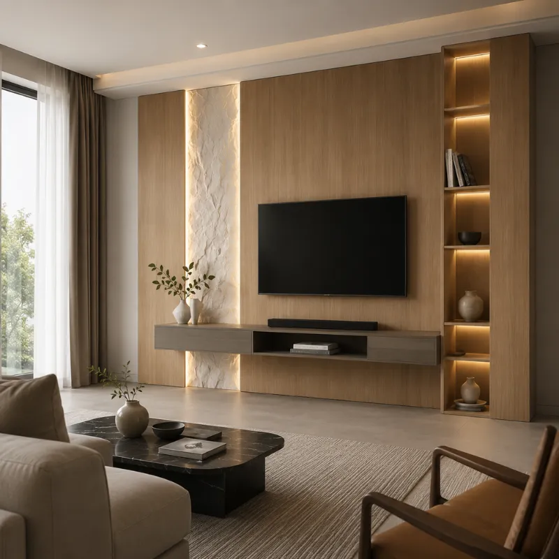 Modern Wood TV Wall Unit with Decorative Stone Feature TVW-001