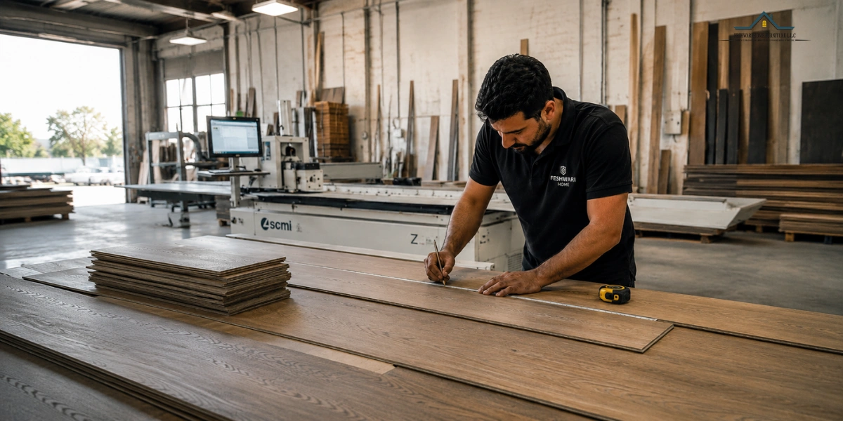 Flooring materials being prepared in the Feshwari Home workshop