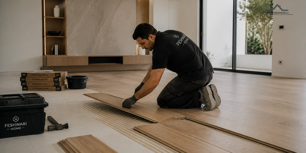 Professional flooring installation inside a home